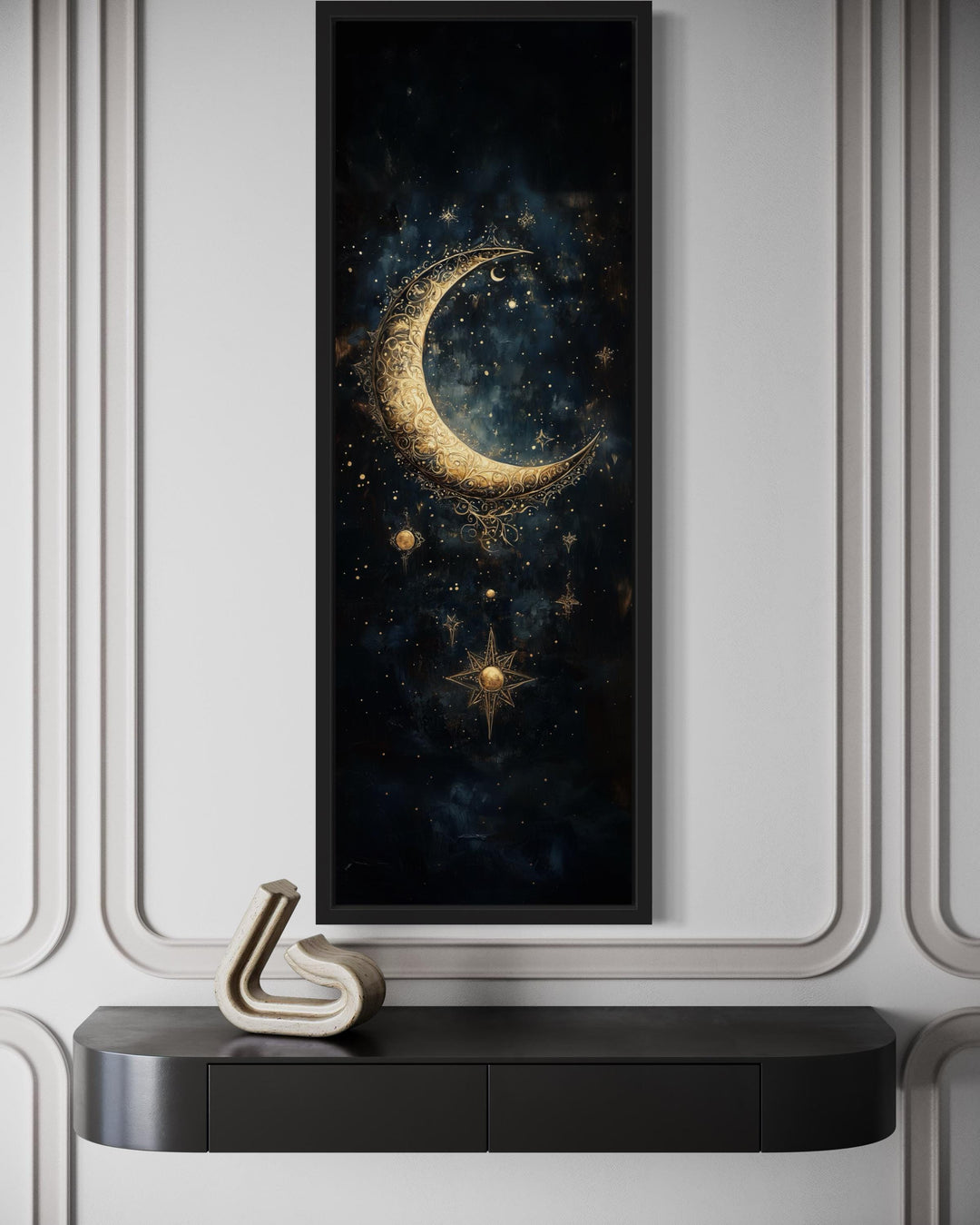 Tall Vertical Gold Crescent Moon And Star Wall Art