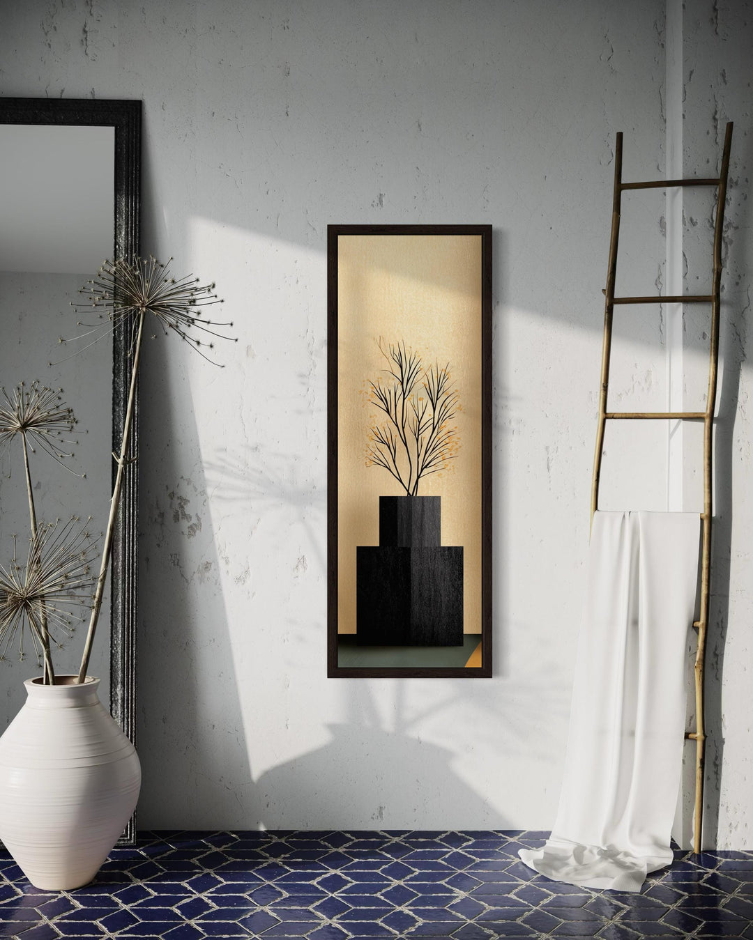 Tall Vertical Mid Century Modern Black Vase And Tree Wall Art