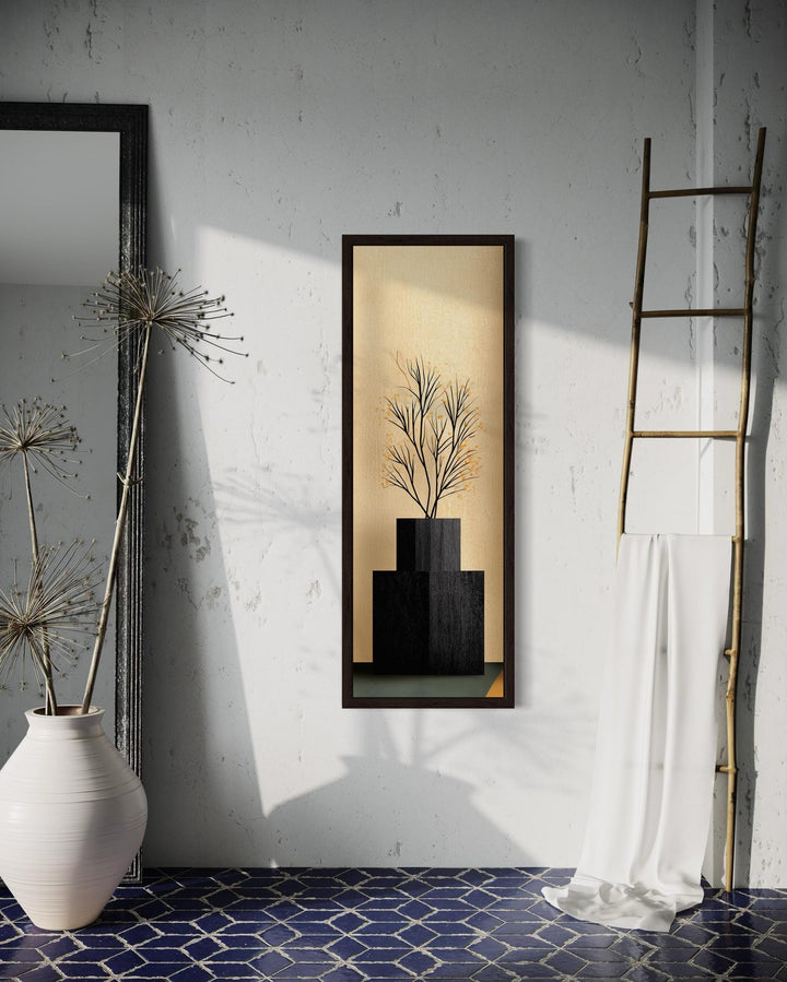 Tall Vertical Mid Century Modern Black Vase And Tree Wall Art