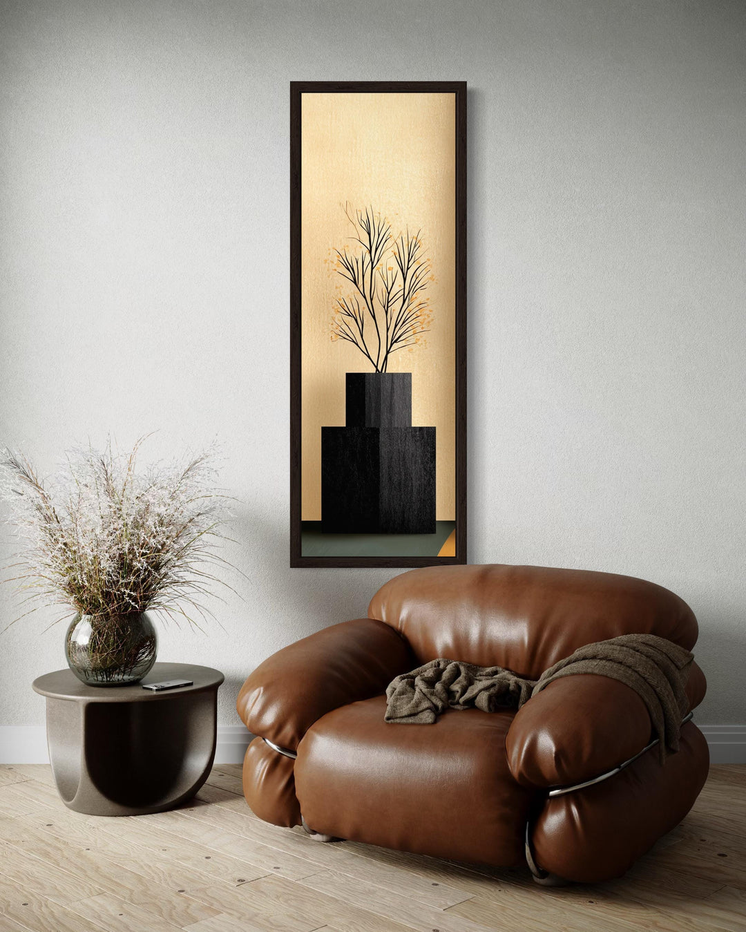 Tall Vertical Mid Century Modern Black Vase And Tree Wall Art