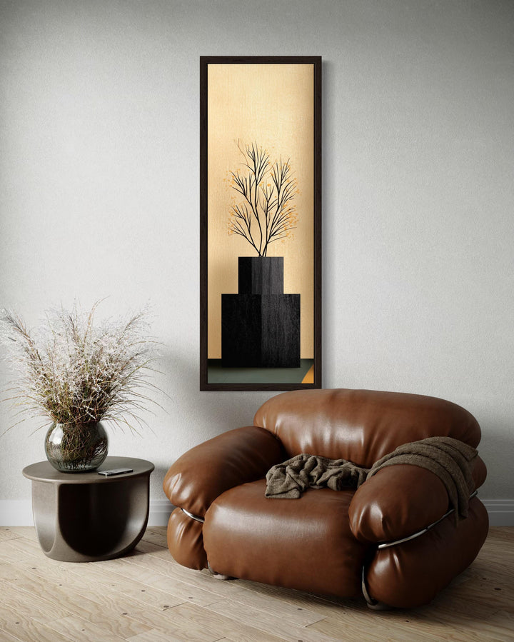 Tall Vertical Mid Century Modern Black Vase And Tree Wall Art