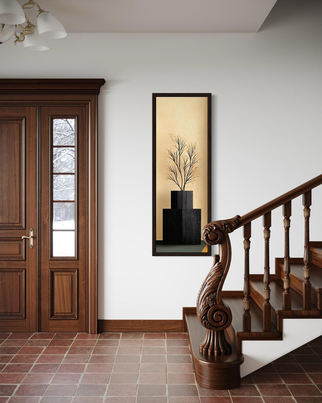 Tall Vertical Mid Century Modern Black Vase And Tree Wall Art