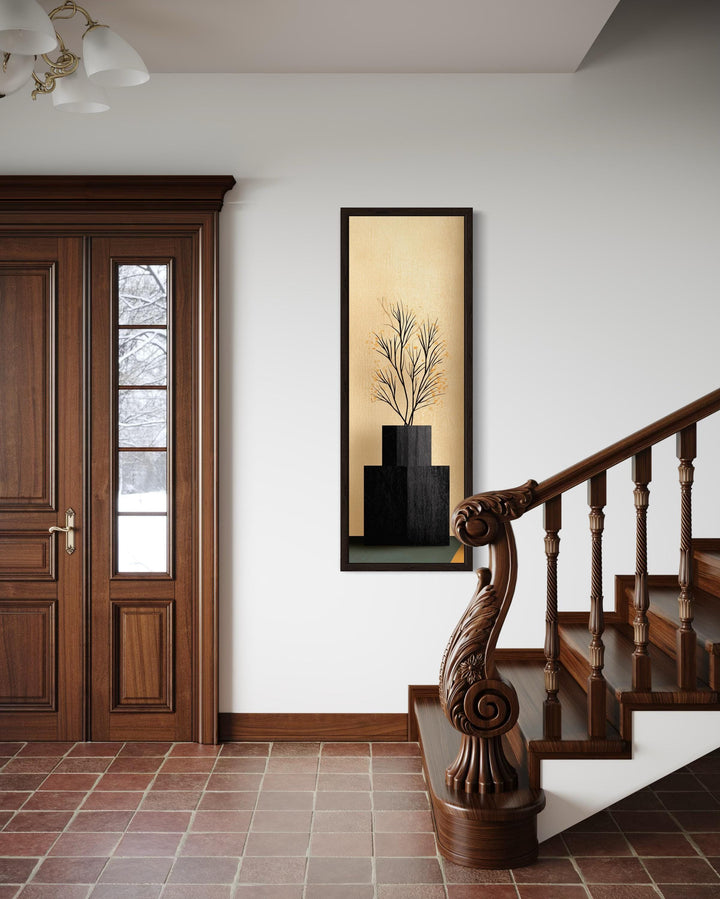 Tall Vertical Mid Century Modern Black Vase And Tree Wall Art