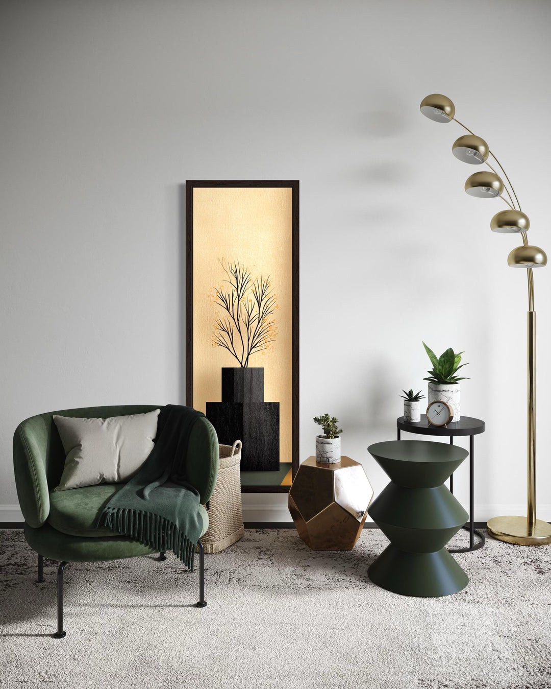 Tall Vertical Mid Century Modern Black Vase And Tree Wall Art