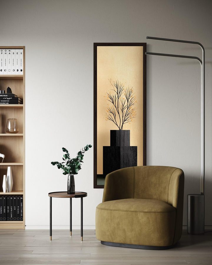 Tall Vertical Mid Century Modern Black Vase And Tree Wall Art