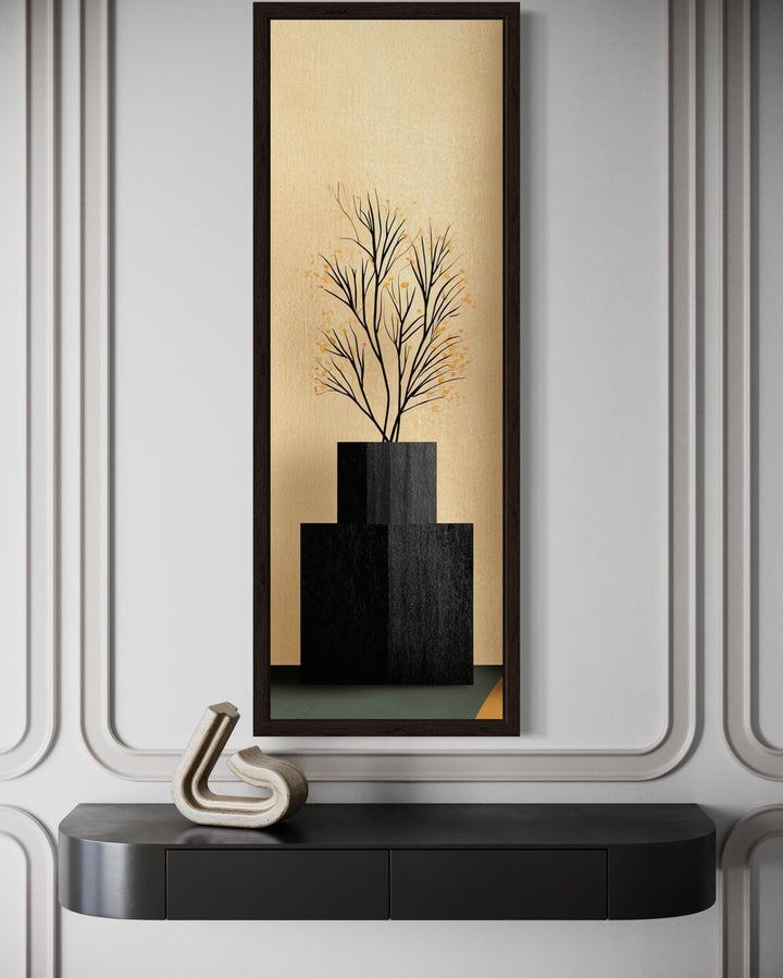 Tall Vertical Mid Century Modern Black Vase And Tree Wall Art
