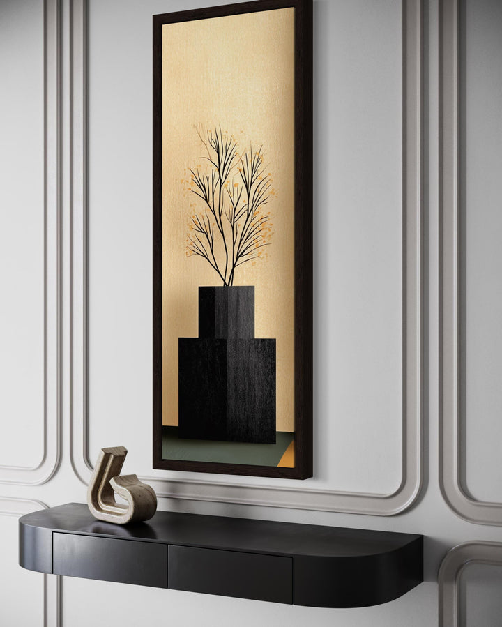 Tall Vertical Mid Century Modern Black Vase And Tree Wall Art