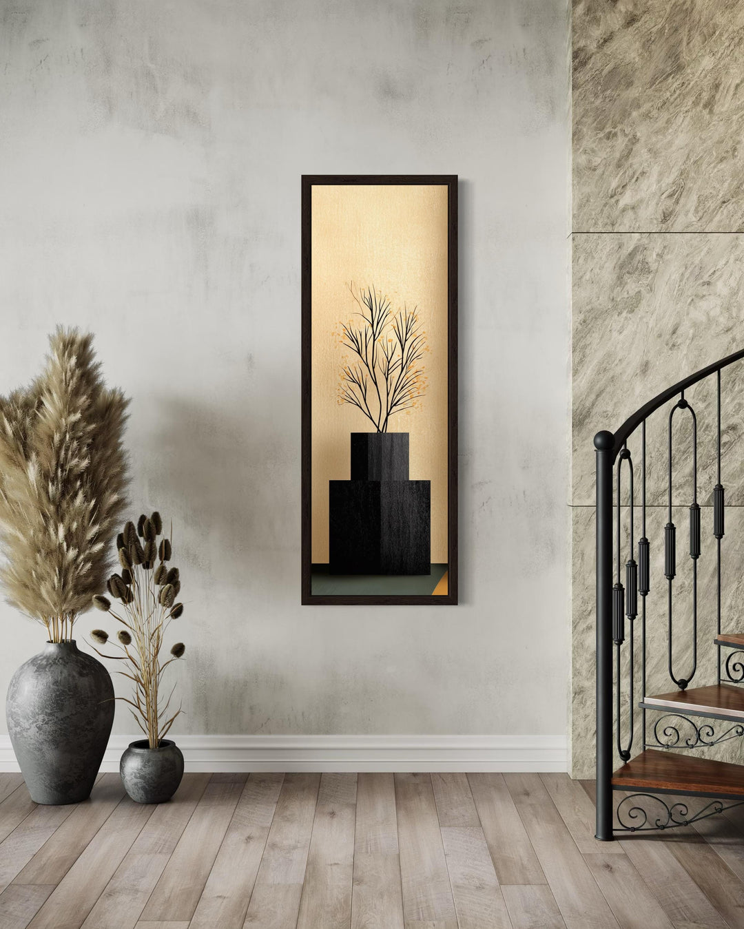 Tall Vertical Mid Century Modern Black Vase And Tree Wall Art