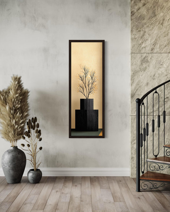 Tall Vertical Mid Century Modern Black Vase And Tree Wall Art