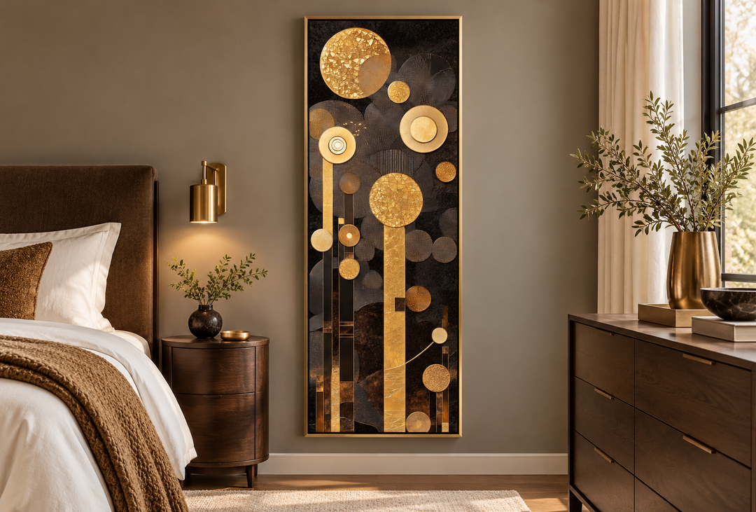 Tall vertical mid-century modern canvas wall art with geometric gold and brown circles and lines.