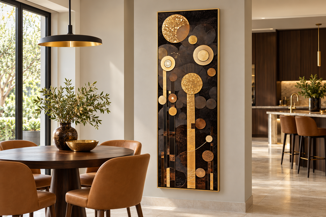 Tall vertical mid-century modern wall art with geometric brown and gold circles on a dark canvas.