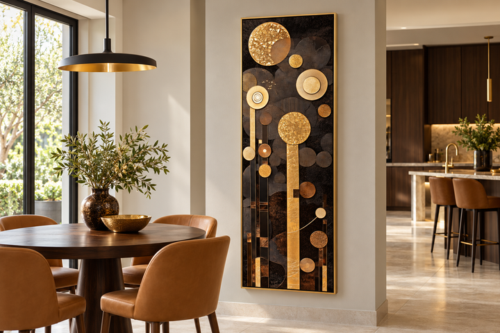 Tall vertical mid-century modern wall art with geometric brown and gold circles on a dark canvas.