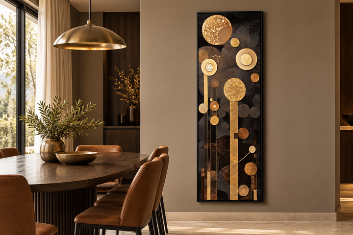 Tall vertical mid-century modern canvas wall art with brown and gold geometric circles and lines.