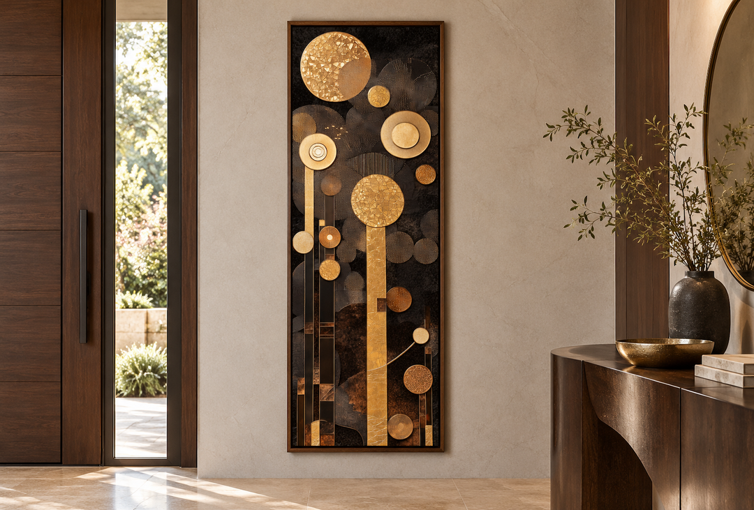 Tall vertical mid-century modern wall art with geometric gold and brown circles on a dark canvas.