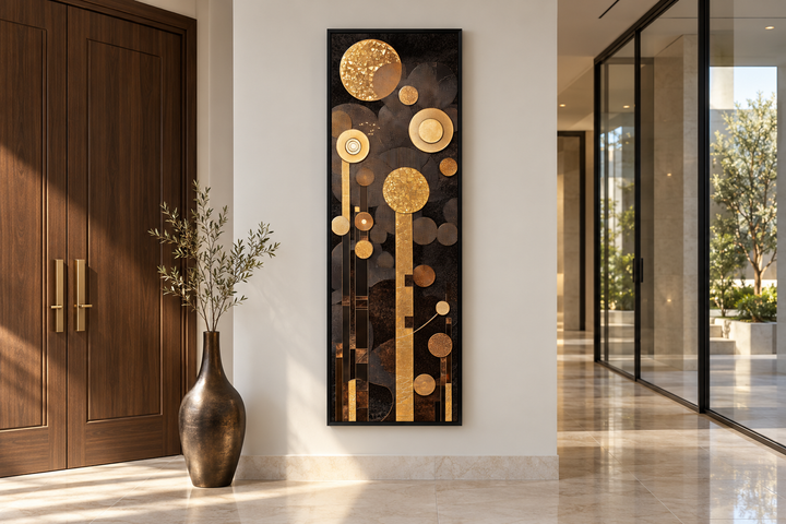 Tall vertical mid-century modern wall art with geometric brown and gold circles on a black canvas.