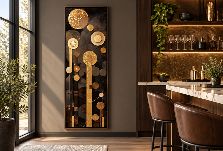 Tall vertical mid-century wall art with geometric gold and brown circles on a dark background.