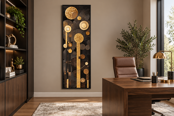 Tall vertical mid-century modern canvas wall art with gold and brown geometric shapes in an office.