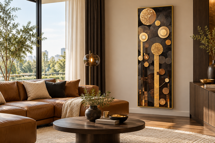 Tall vertical mid-century modern canvas with geometric brown and gold circles on a dark background.