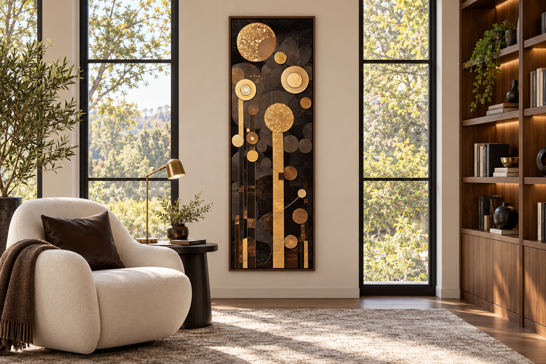 Tall vertical mid-century modern canvas wall art with brown and gold geometric shapes in a lounge.