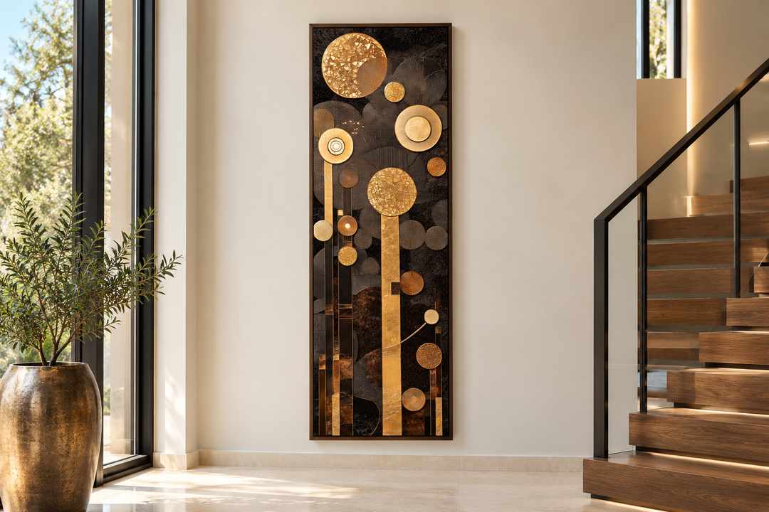 Tall vertical mid-century modern canvas wall art with geometric brown and gold circular patterns.