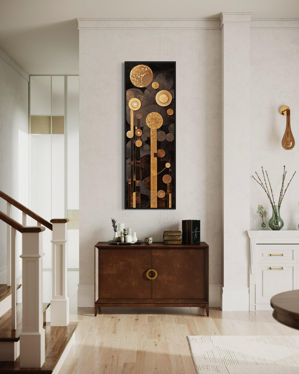 Tall Vertical Mid Century Modern Geometric Brown and Gold Canvas Wall Art