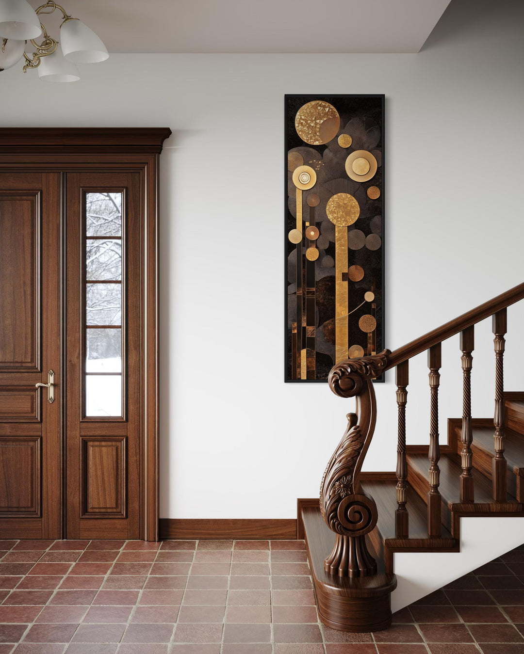 Tall Vertical Mid Century Modern Geometric Brown and Gold Canvas Wall Art