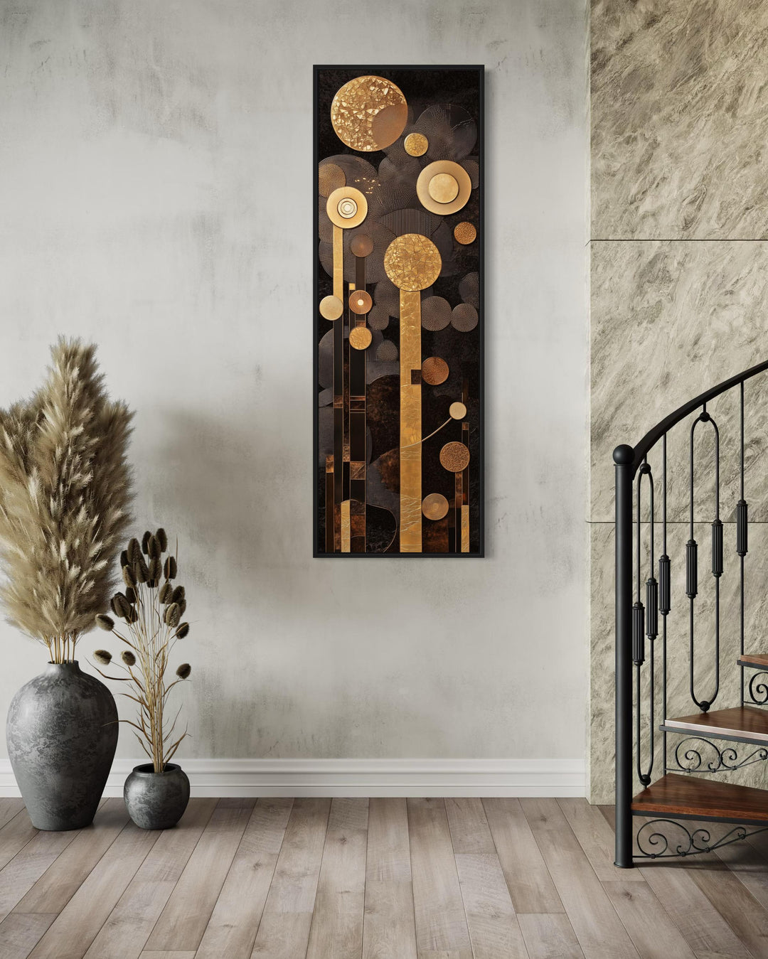 Tall Vertical Mid Century Modern Geometric Brown and Gold Canvas Wall Art