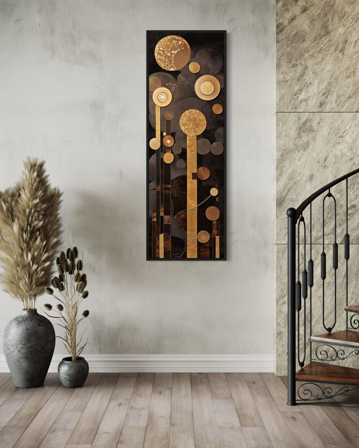 Tall Vertical Mid Century Modern Geometric Brown and Gold Canvas Wall Art