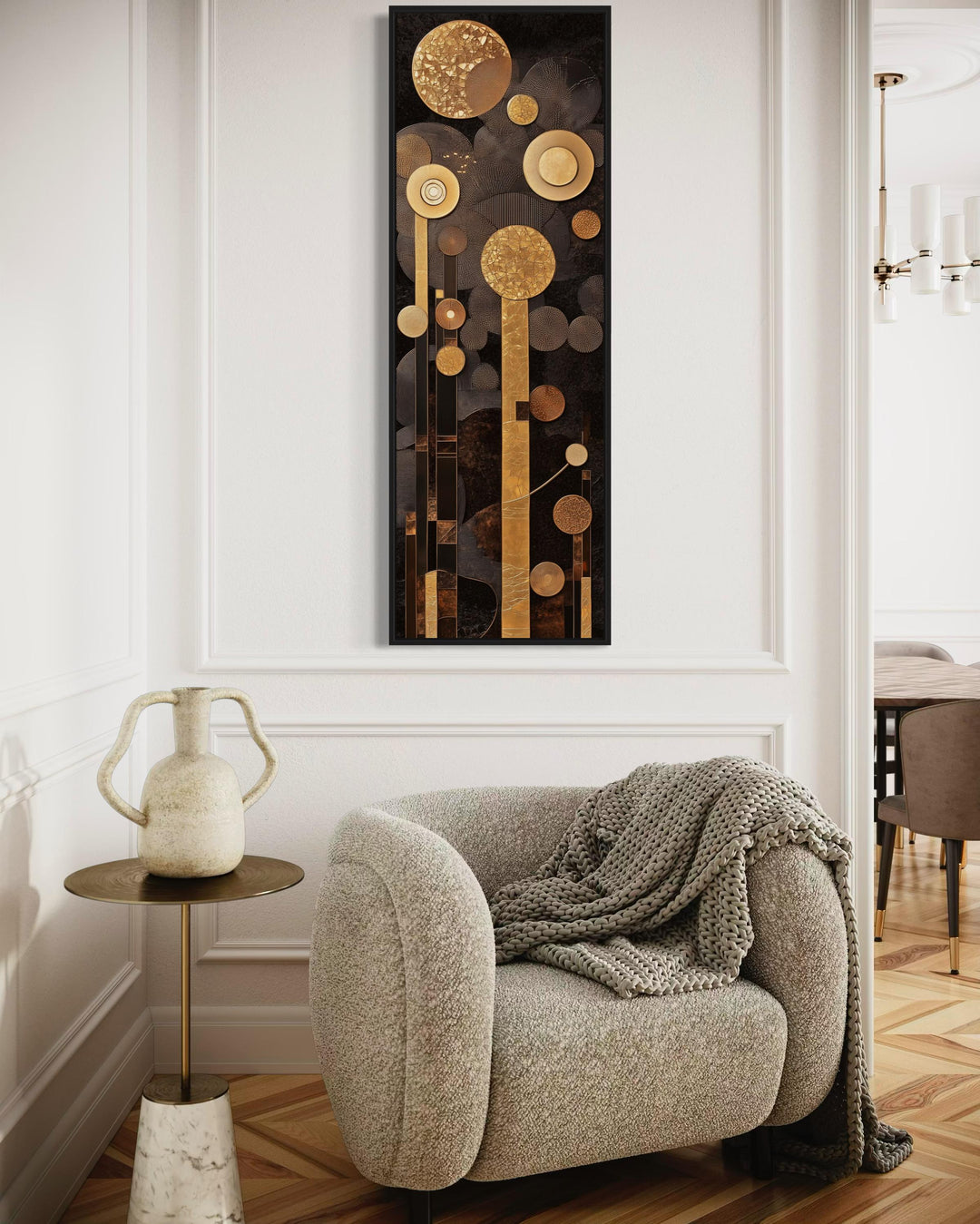 Tall Vertical Mid Century Modern Geometric Brown and Gold Canvas Wall Art