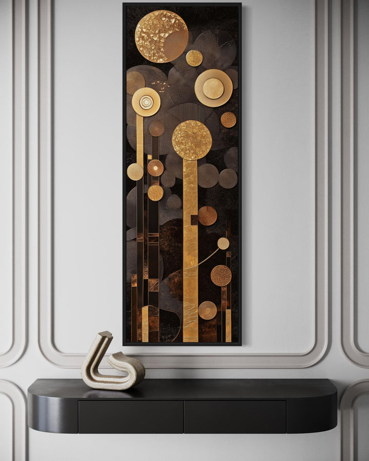 Tall Vertical Mid Century Modern Geometric Brown and Gold Canvas Wall Art