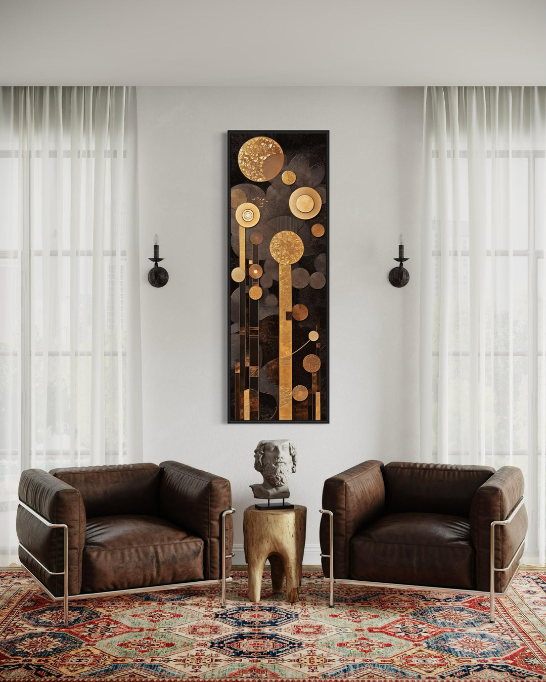 Tall Vertical Mid Century Modern Geometric Brown and Gold Canvas Wall Art