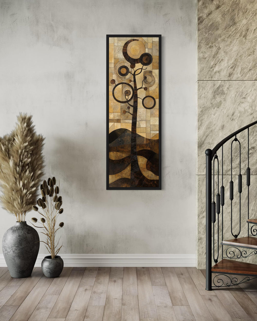 Tall Vertical Mid Century Modern Tree Geometric Canvas Wall Art