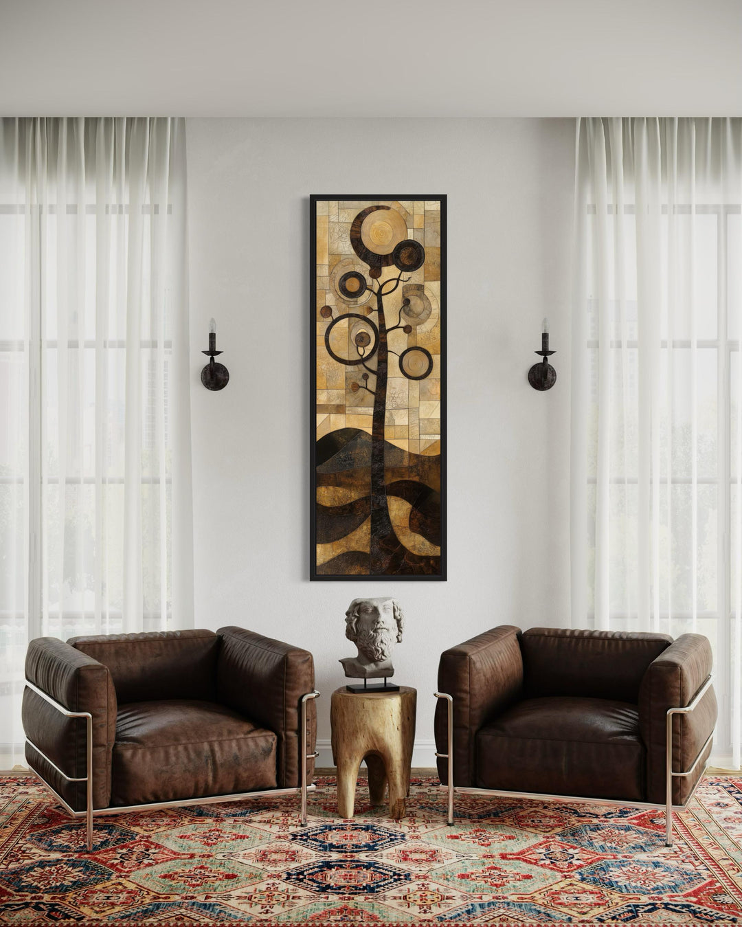 Tall Vertical Mid Century Modern Tree Geometric Canvas Wall Art