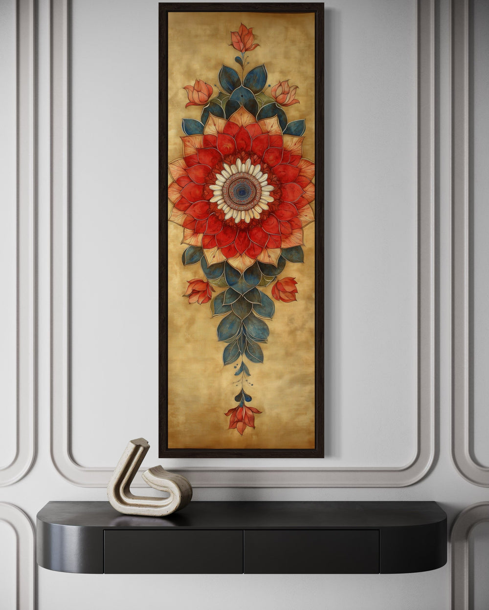 Tall Vertical Narrow Boho Floral Mandala Tapestry Framed Canvas Wall Decor close up