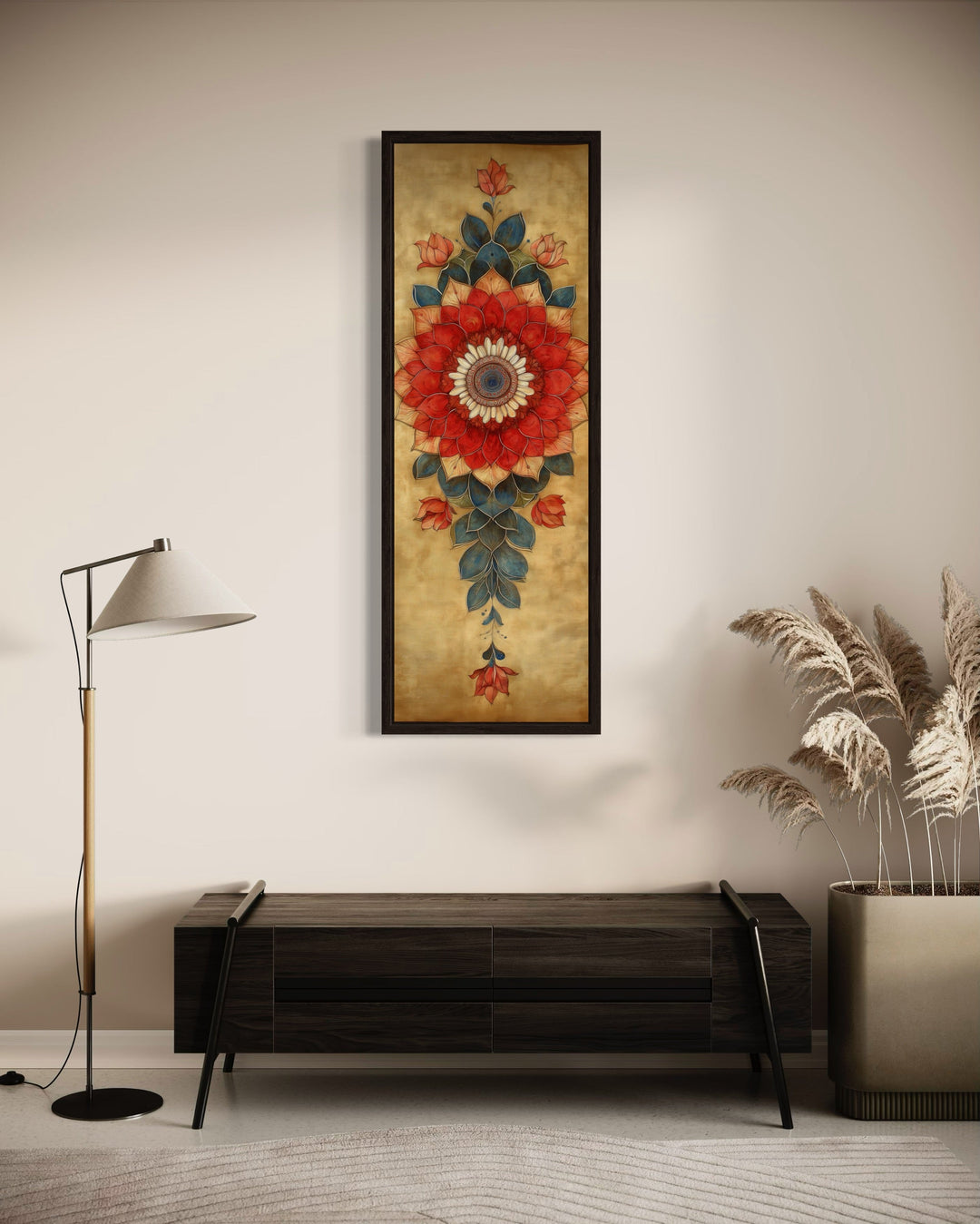 Tall Vertical Narrow Boho Floral Mandala Tapestry Framed Canvas Wall Decor