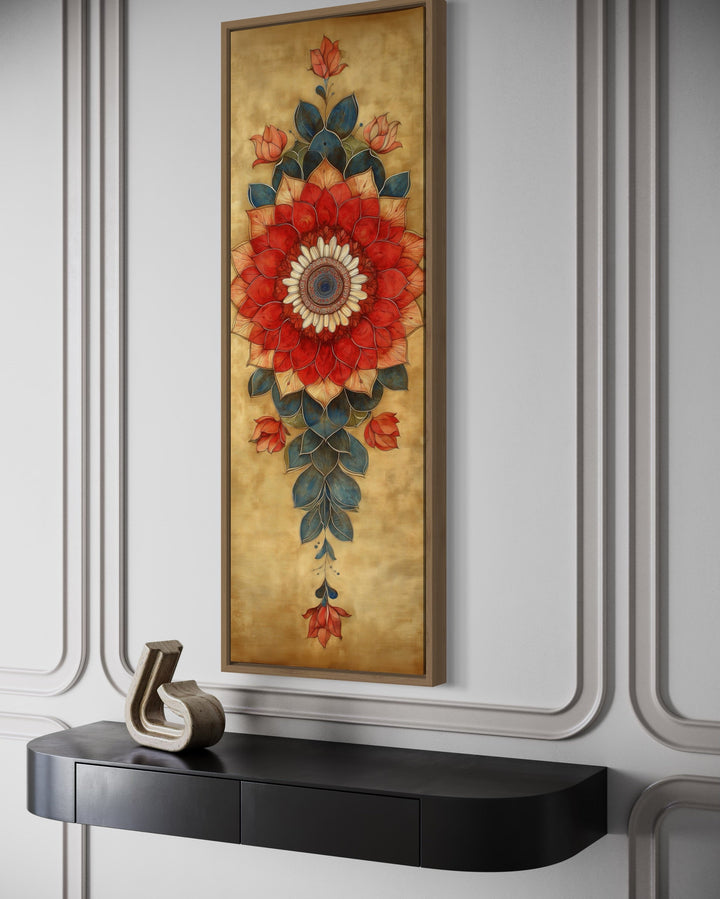 Tall Vertical Narrow Boho Floral Mandala Tapestry Framed Canvas Wall Decor