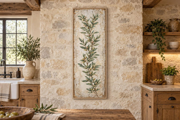 Tall vertical canvas art featuring a green olive branch on a textured, aged cream background.