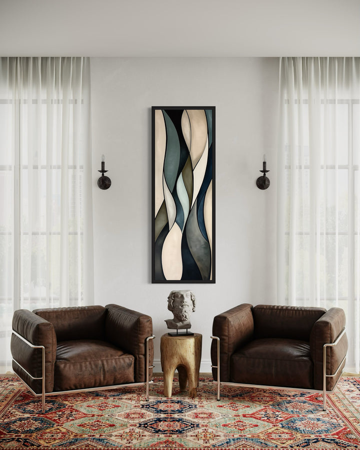 Tall Vertical Sage Green Beige Mid Century Modern Wall Art