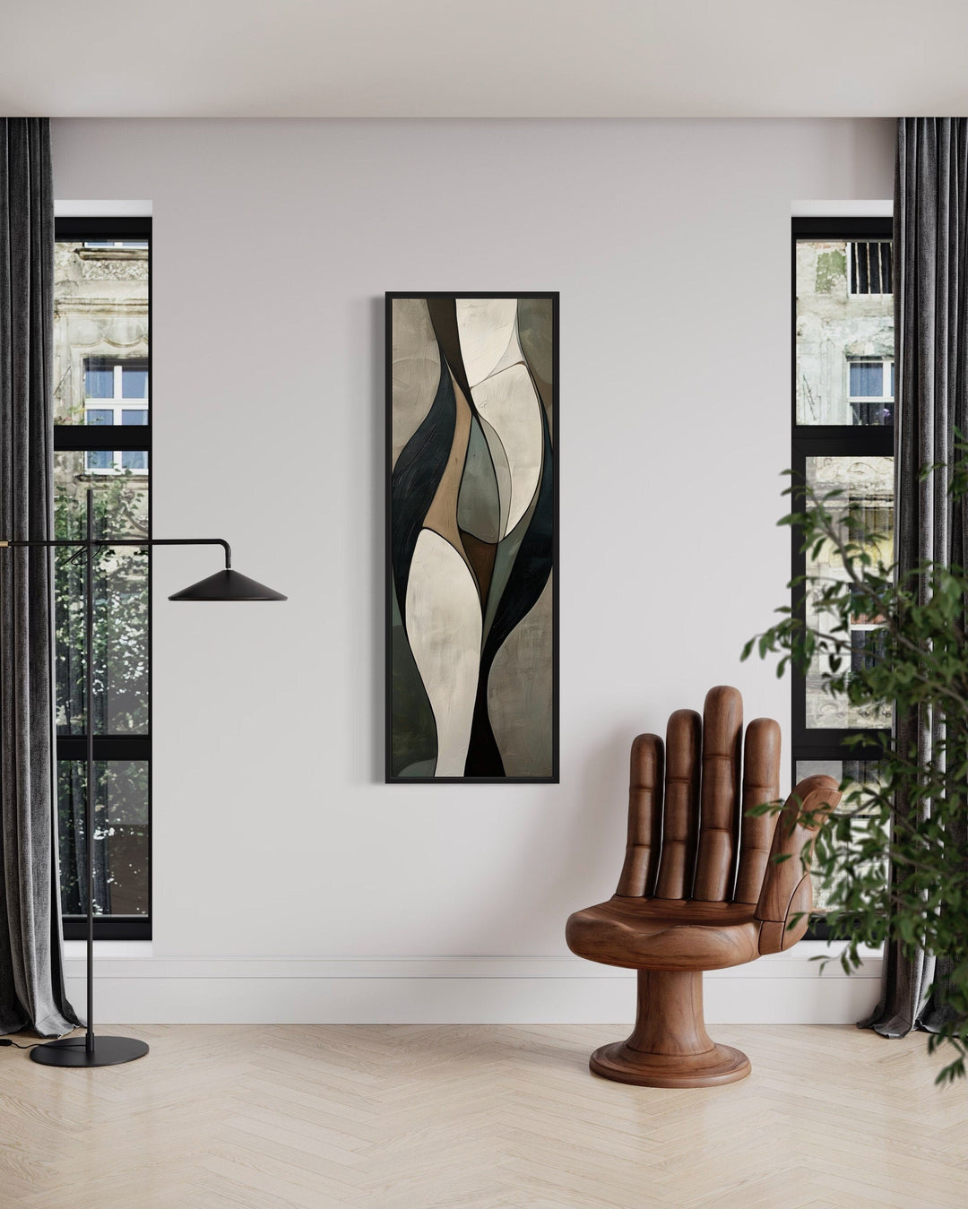 Tall Vertical Sage Green Beige Mid Century Modern Wall Art