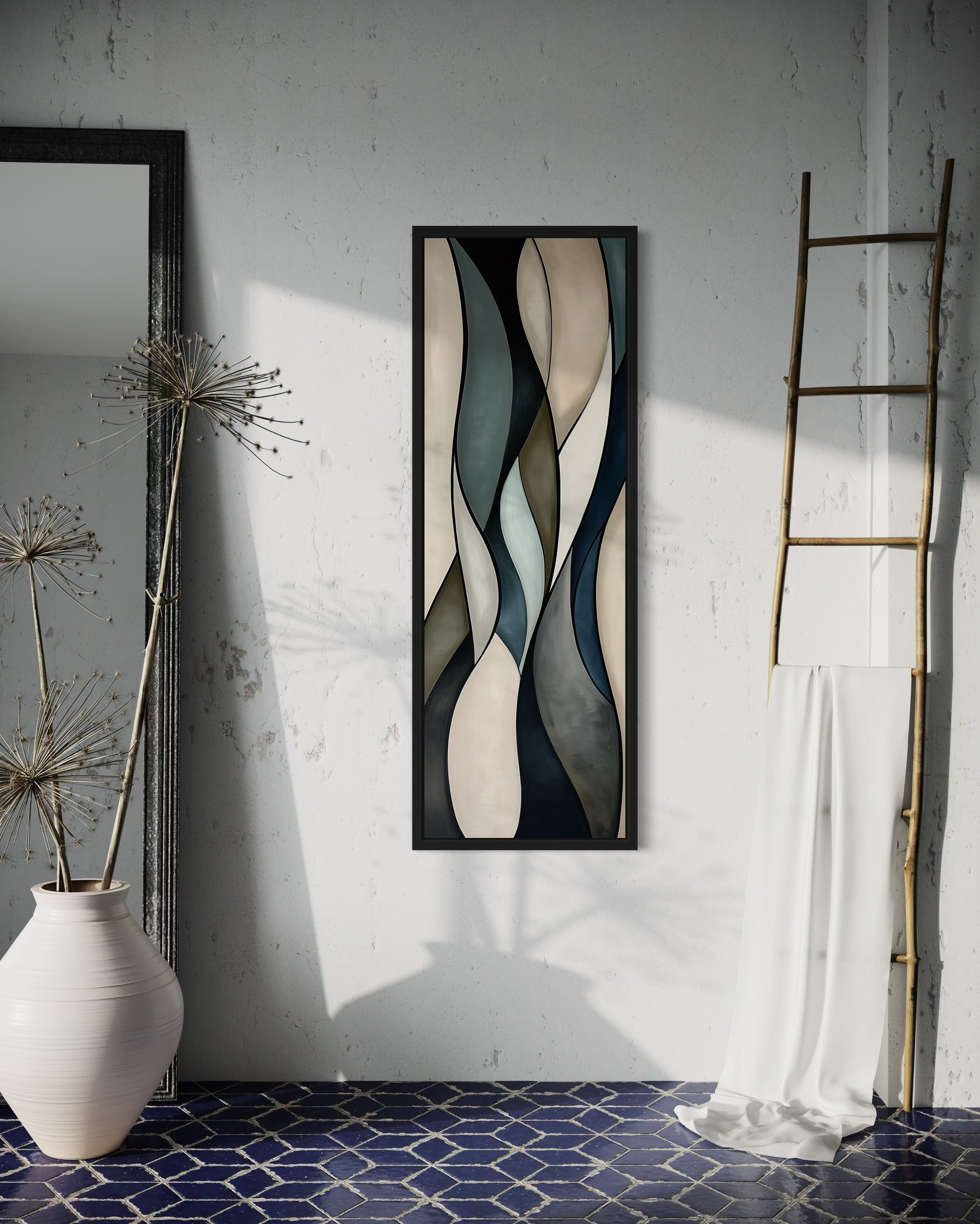 Tall Vertical Sage Green Beige Mid Century Modern Wall Art – Wall