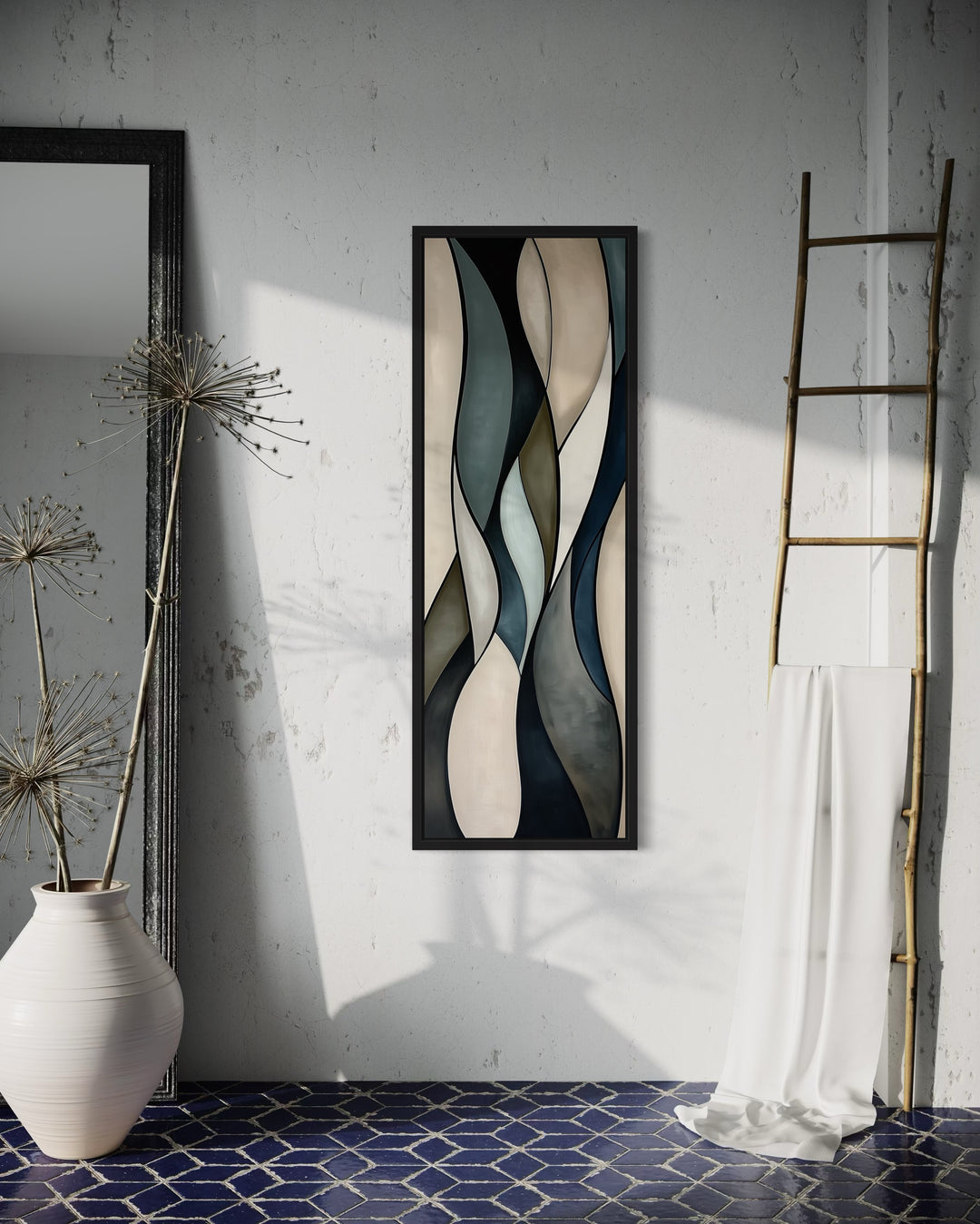Tall Vertical Sage Green Beige Mid Century Modern Wall Art