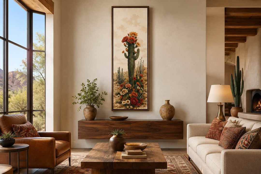 Tall vertical canvas art of a blooming saguaro cactus in a warm, Southwestern-style living room.