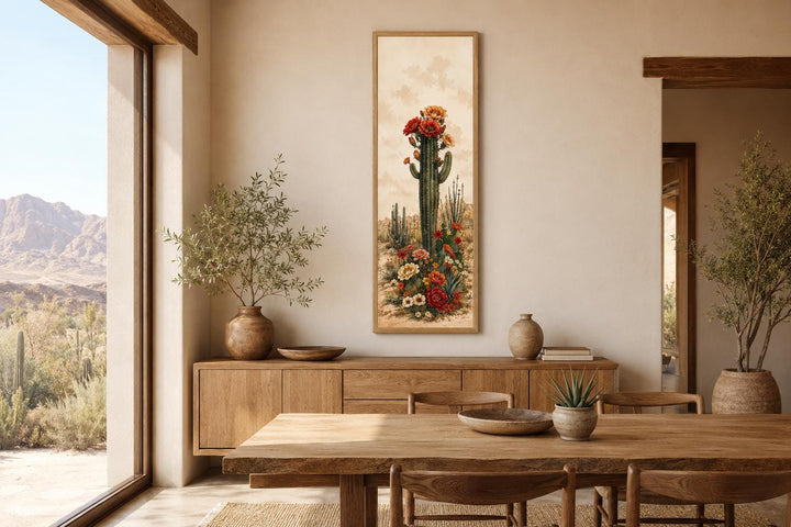 Tall vertical saguaro cactus canvas art with red and orange blooms in a warm desert dining room.