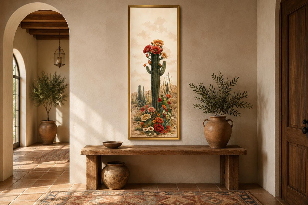Tall vertical canvas art of a blooming saguaro cactus in a vintage botanical style on a narrow wall.