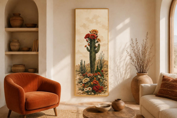 Tall vertical canvas art of a blooming saguaro cactus in a warm, desert-themed living room.