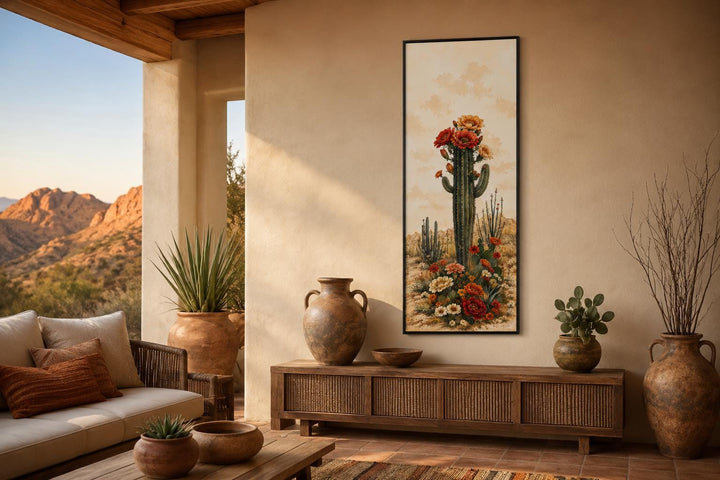 Tall vertical canvas art of a blooming saguaro cactus in a Southwestern-style entryway.