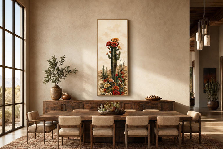 Tall vertical canvas art of a blooming saguaro cactus in a desert landscape above a dining table.