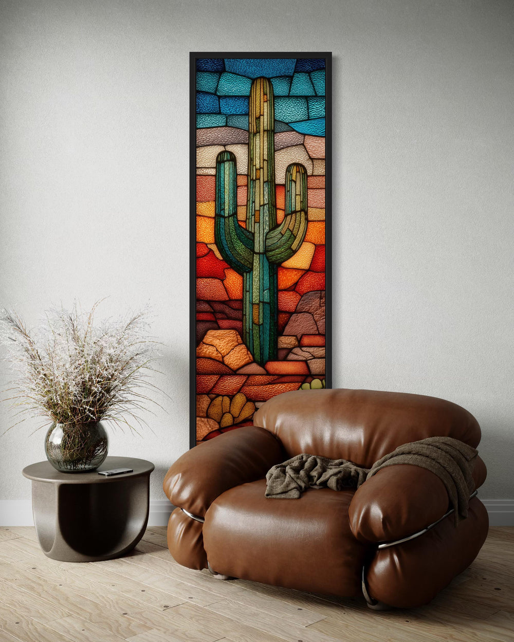 Tall Vertical Stained Glass Style Saguaro Cactus Wall Art
