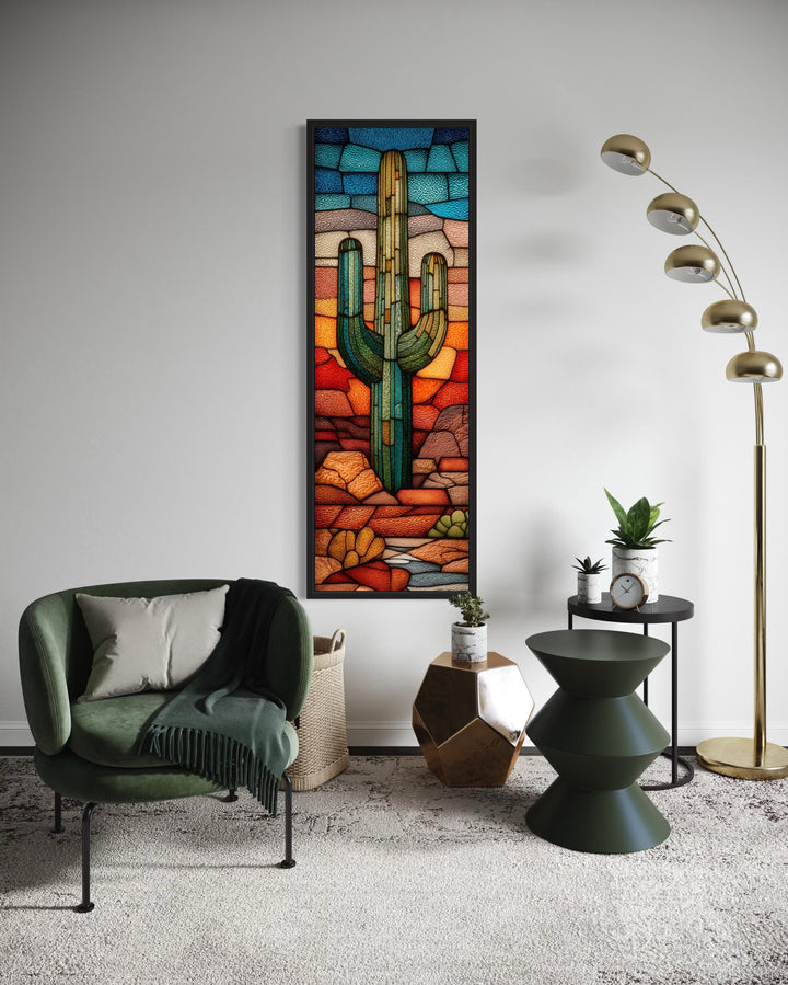 Tall Vertical Stained Glass Style Saguaro Cactus Wall Art