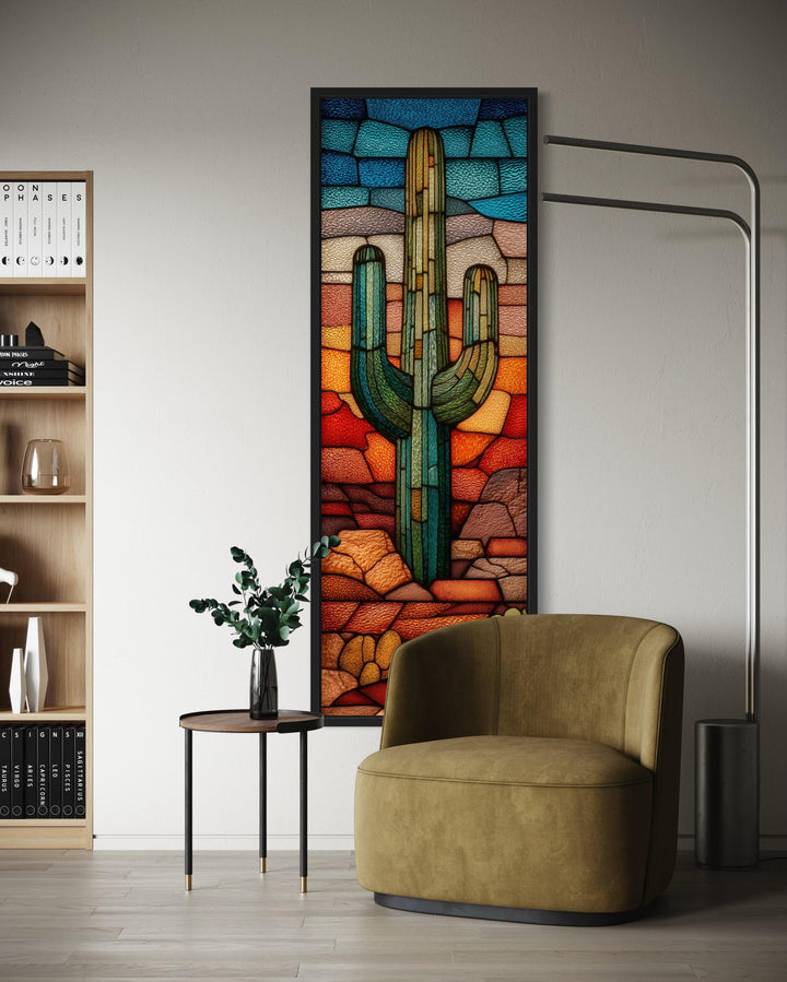 Tall Vertical Stained Glass Style Saguaro Cactus Wall Art